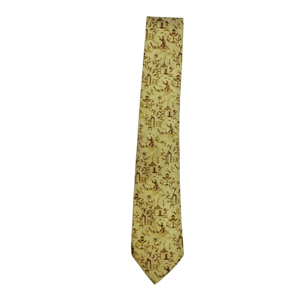 Salvatore Ferragamo Tie 100% Silk Yellow Brown Asian Print Novelty Office Career